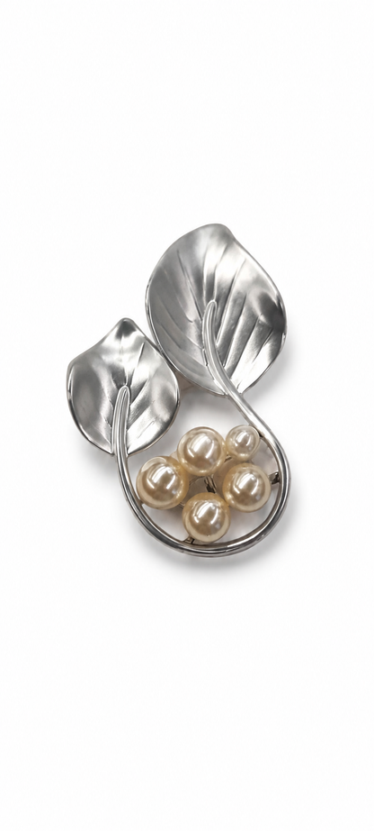 Silver Pearl Leaf Brooch