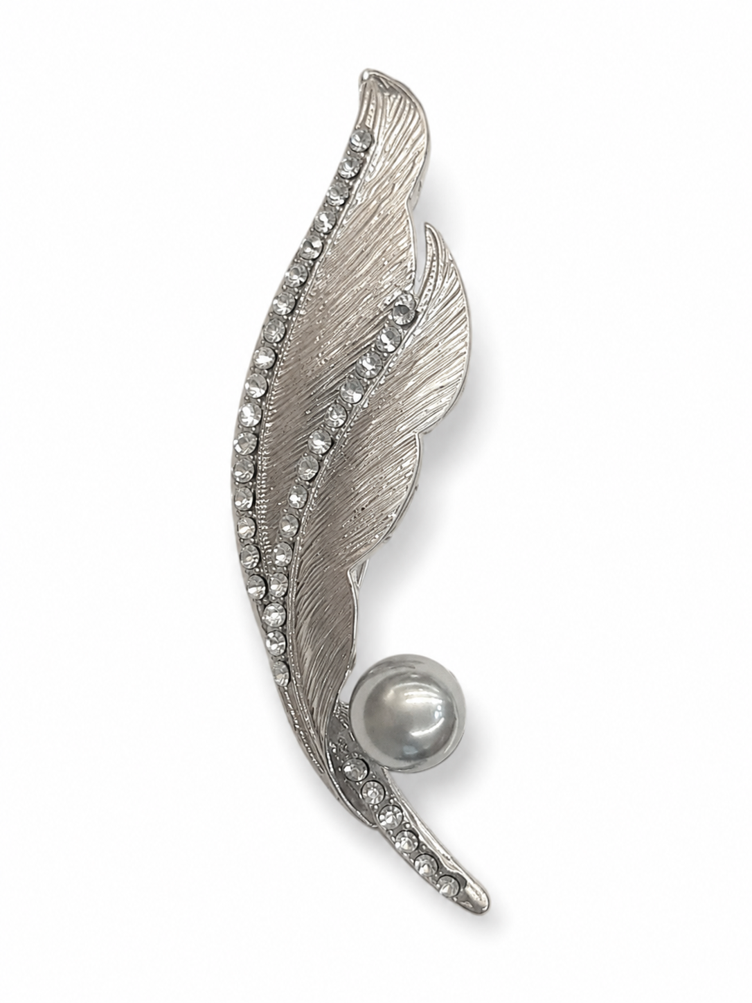 Silver Feather Pearl Brooch