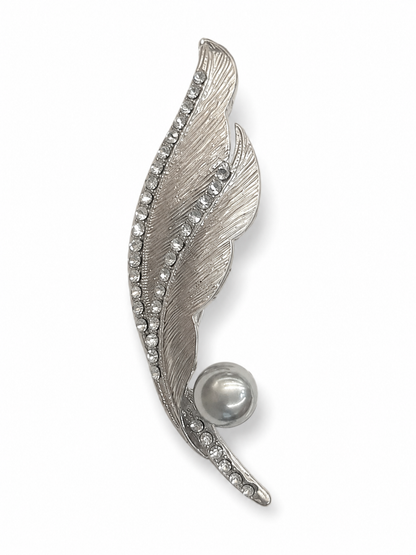 Silver Feather Pearl Brooch
