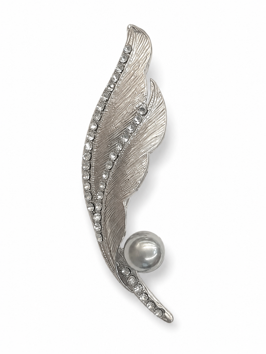 Silver Feather Pearl Brooch